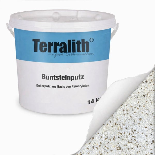 Terralith Buntsteinputz 14 Kilogramm, Dekorputz auf Reinacrylatbasis inklusive Strukturansicht der Körnung.