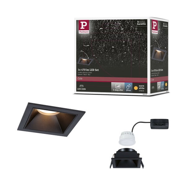 LED Einbauleuchte 3-Step-Dim Cole Coin Einzelleuchte IP44 eckig 88x88mm Coin 6W 470lm 230V dimmbar 2700K Schwarz