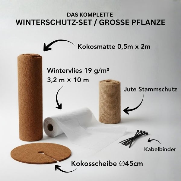 Winterschutz Set für große Pflanzen bestehend aus Kokosmatte, Wintervlies, Jute Stammschutz, Kokosscheibe und Kabelbindern.