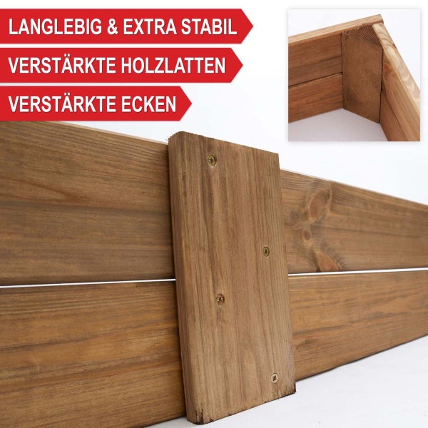 Hochbeet aus Holz mit verstärkten Holzlatten und verstärkten Ecken für hohe Stabilität und Langlebigkeit.