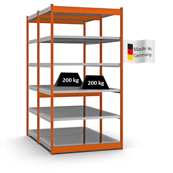 PROREGAL Fachbodenregal Stecksystem Vierkant-Profil Grundregal HxBxT 250 x 132,5 x 80 cm 2x6 Ebenen Doppelseitige Bauart Fachlast 200 kg Orange