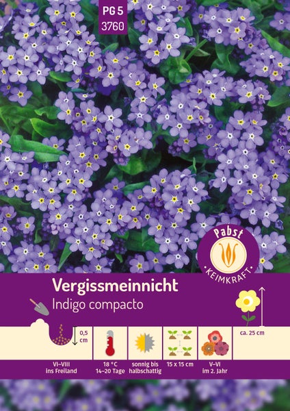Samentüte für Vergissmeinnicht Indigo compacto mit Anbauhinweisen: Aussaat Juni bis August, Wuchshöhe circa 25 cm, Pabst Keimkraft Logo.