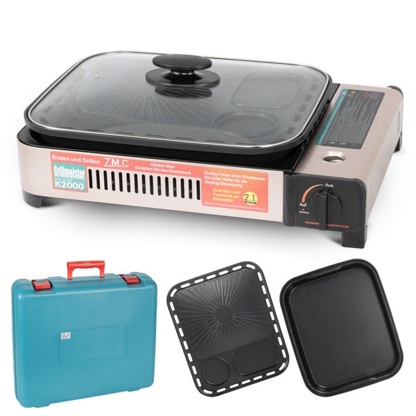 ZMC 2-in-1 Gaskocher und Gasgrill + 8 Gaskartuschen 227g, inkl. Grillplatte, Pfanne, Glasdeckel und Koffer, Campingkocher für innen- und Außenbereich, Tischgrill mit Piezo-Zündung