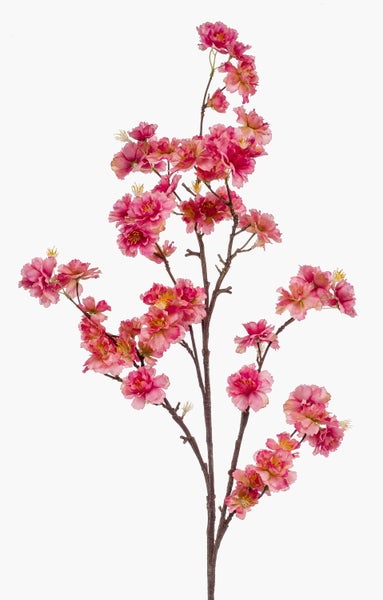 Künstliche Kirschblüten am Zweig mit vielen pinkfarbenen Blüten und gelben Staubgefäßen zur Dekoration.