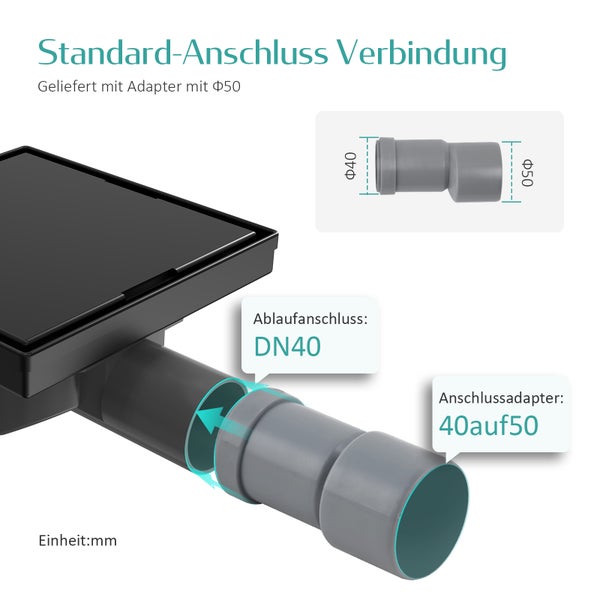 Duschrinne mit Ablaufanschluss Nennweite 40 und Anschlussadapter von 40 auf 50 Millimeter.