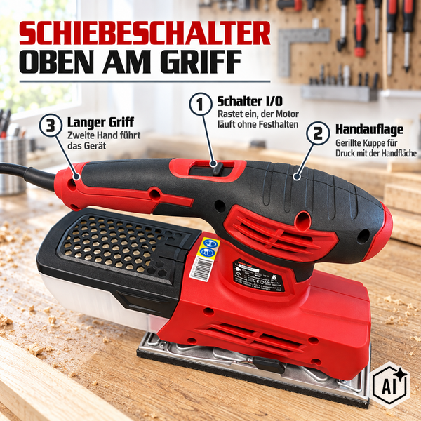 Exzenterschleifer mit Schiebeschalter am Griff zur Anzeige der Bedienungselemente auf einer Werkbank.