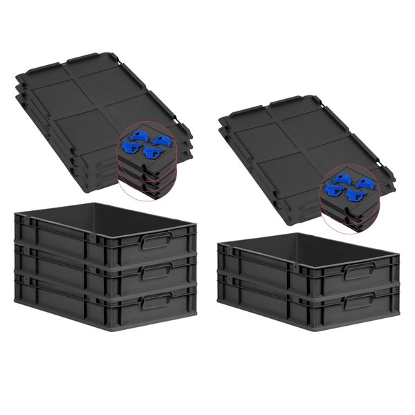 PROREGAL SparSet 5x Eurobox NextGen Grip mit Auflagedeckel inkl. 4 blauen Schiebeschnappverschlüssen, HxBxT 12x40x60cm, 23 Liter, Schwarz, Griffe geschlossen, Eurobehälter, Transportbox, Transportbehälter, Stapelbehälter