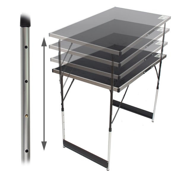 Höhenverstellbarer Campingtisch mit Aluminiumgestell und mehrfach verstellbarer Tischplatte.