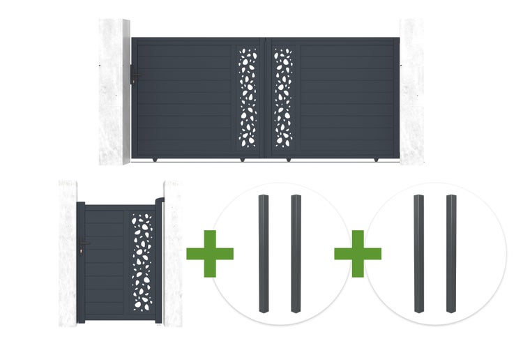 Set aus zweiflügeligem Einfahrtstor, einflügeliger Gartentür aus Aluminium in Anthrazit mit dekorativem Lochmuster und vier Pfosten.