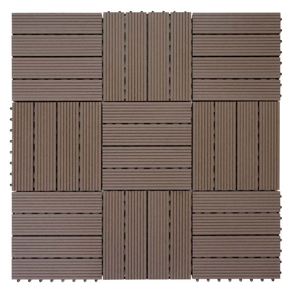 Quadratische Klickfliese aus Holz-Kunststoff-Verbundwerkstoff für Terrasse und Balkon mit gerillter Oberfläche im Schachbrettmuster.