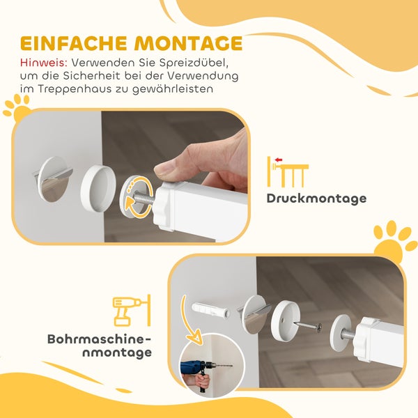 Montageanleitung für Treppenschutzgitter: Darstellung von Druckmontage ohne Bohren und stabiler Bohrmaschinenmontage mit Spreizdübeln.