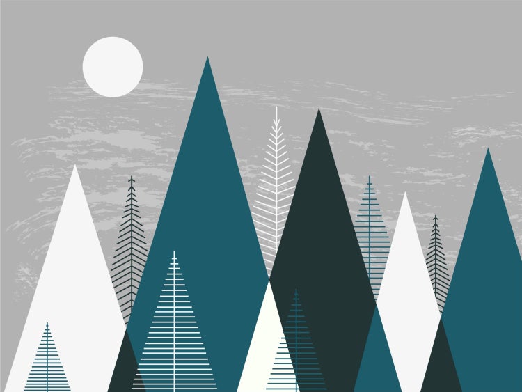 Abstrakte Darstellung einer Gebirgslandschaft mit stilisierten Bäumen und Mond