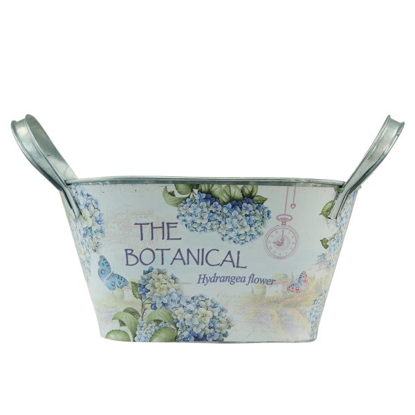 Dekorative Pflanzschale mit Hortensienmotiv und Griffen