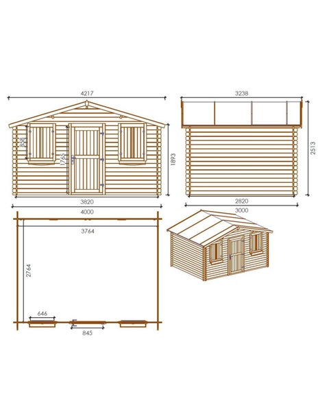 Technische Zeichnung mit Maßangaben für ein Gartenhaus aus Holz mit Tür und zwei Fenstern, dargestellt in Vorder-, Seiten- und Draufsicht.