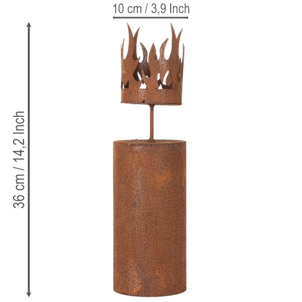 Gartenfackel aus Edelrost mit Flammenkrone, Höhe 36 Zentimeter, Breite 10 Zentimeter.