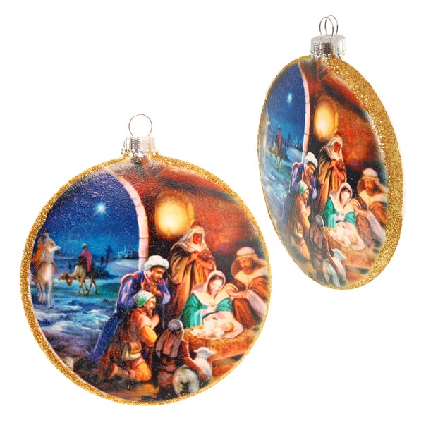 Multicolor 9cm Taler aus Glas bedruckt und dekoriert mit Szene von Christi-Geburt, mundgeblasen und handdekoriert, 1 Stck.