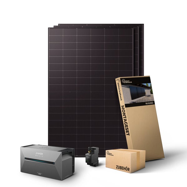 Balkonkraftwerk-Komplettset mit vier Solarmodulen, Anker SOLIX Speicher, Wandmontageset, Smart Meter und Zubehör.