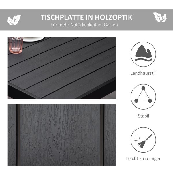 Tischplatte in Holzoptik für den Garten im Landhausstil, stabil und leicht zu reinigen, mit Detailansicht der Holzmaserung.