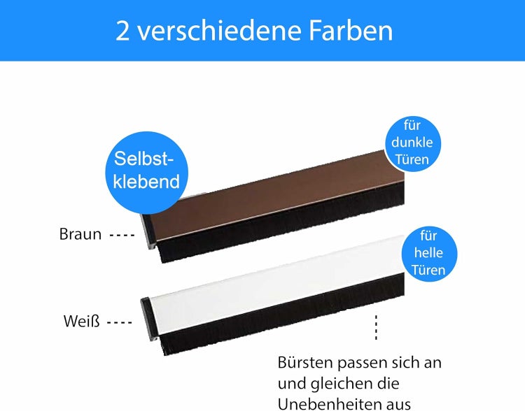 Zwei selbstklebende Türbürstendichtungen in verschiedenen Ausführungen für dunkle und helle Türen zum Ausgleich von Bodenunebenheiten.