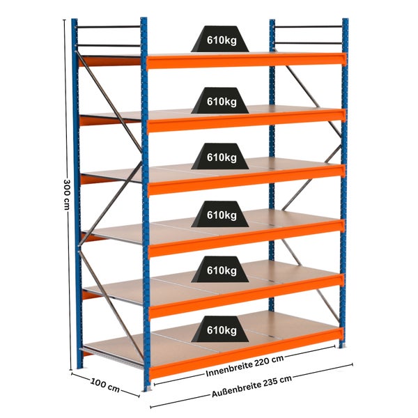 Hochregal mit sechs Regalböden, Abmessungen sind dargestellt