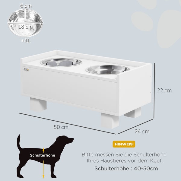 PawHut Hundenapf erhöht, Höhenverstellbar Futternapf für Hunde mit Stauraum, 2 x 1L Edelstahl-Schüsseln, Fressnapf mit Anti-Schling-Matte, für mittelgroße Hunde, Weiß