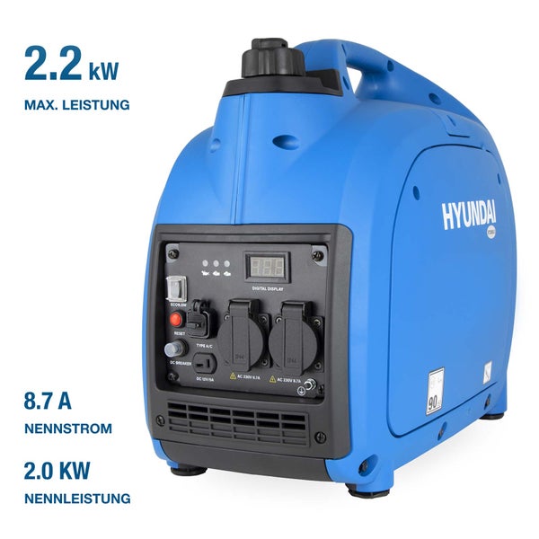 Hyundai Inverter-Stromerzeuger mit Hyundai Logo, maximal 2,2 Kilowatt, Nennleistung 2,0 Kilowatt, Nennstrom 8,7 Ampere.