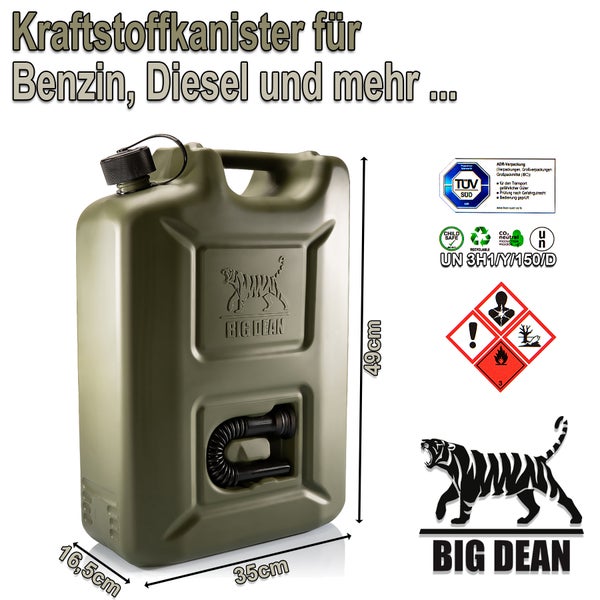 BigDean Benzinkanister 20L in Olivgrün mit flexiblem Ausgießer - Kraftstoffkanister für Benzin & Diesel - Kanister Dieselkanister Reservekanister - Made in Germany