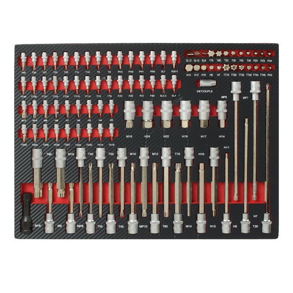 Werkzeug-Einlage mit umfangreichem Bit- und Steckschlüsselsatz in Schaumstoffmodul, beschriftet mit Größen wie Torx, Innensechskant und Vielzahn.