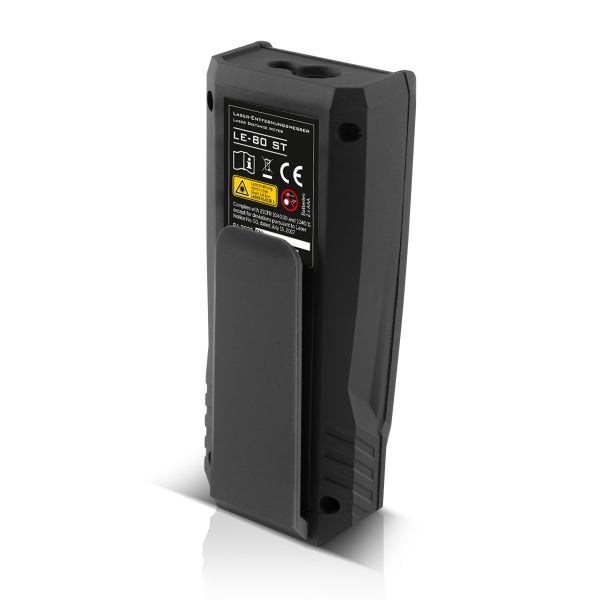 Schwarzer Laser-Entfernungsmesser LE-80 ST in der Rückansicht mit Gürtelclip und technischen Hinweisen.