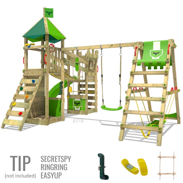 FATMOOSE Spielturm Ritterburg RiverRun mit Schaukel SurfSwing und Rutsche, Spielhaus mit Sandkasten, Leiter und Spiel-Zubehör - apfelgrün