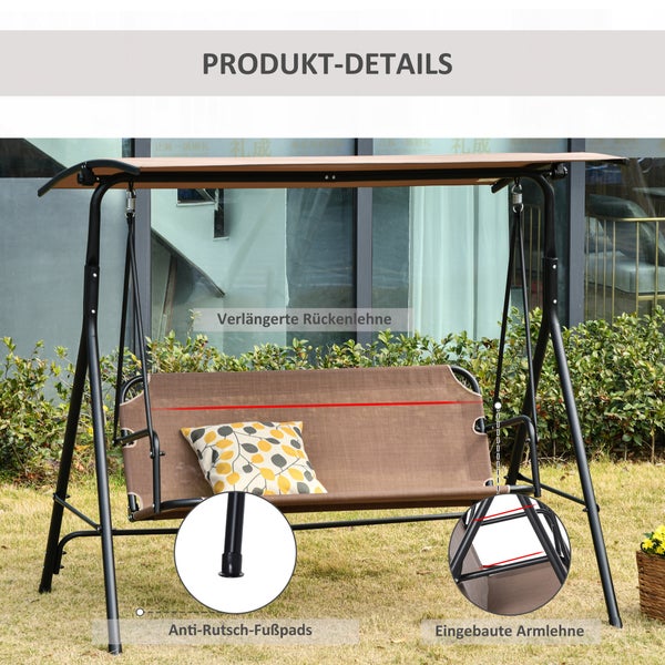 Outsunny Hollywoodschaukel, 2-Sitzer Outdoor Gartenschaukel, UV-beständig, winkeleinstellbar, 172L x 110B x 155H cm, Metallrohr, Braun