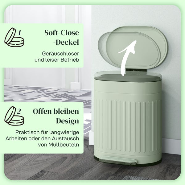 Tretmülleimer mit Soft-Close-Deckel für geräuschloses Schließen und einer Offen-bleiben-Funktion zum einfachen Wechseln der Müllbeutel.