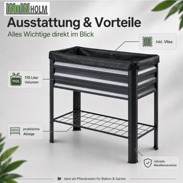 Trutzholm Hochbeet aus Metall mit 110 Liter Volumen, Ablagefach und Vlies, geeignet für Balkon und Garten.