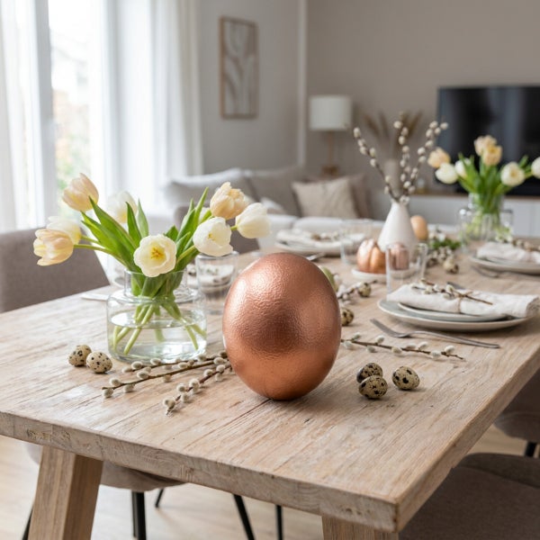 Festlich gedeckter Holztisch mit Dekoei, Tulpen in Glasvase und Wachteleiern als frühlingshafte Osterdekoration im Wohnzimmer.