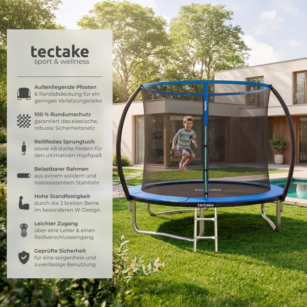 Tectake Logo. Gartentrampolin aus Stahl mit Sicherheitsnetz, Leiter und W-förmigen Beinen in einem hellen Garten mit springendem Kind.