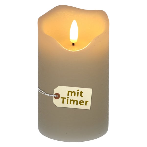 LED-Stumpenkerze mit Flammen-Effekt, gewelltem Rand und integriertem Timer.