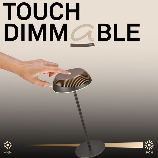 Eine Hand berührt eine Tischleuchte zur Demonstration der Touch-Dimmfunktion von circa 10 Prozent bis 100 Prozent Helligkeit.