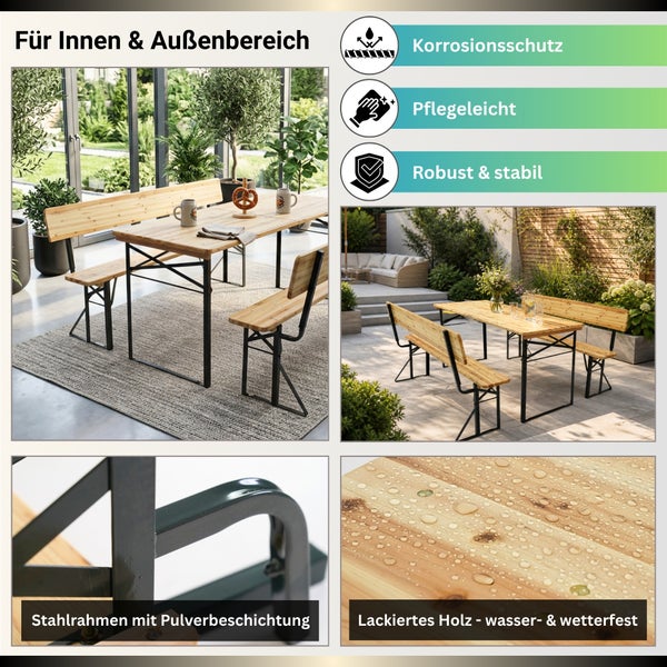 Sitzgruppe aus Holz für Innen und Außen mit Tisch, zwei Bänken, pulverbeschichtetem Stahlrahmen, Korrosionsschutz und wetterfester Lackierung.