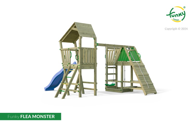 Holzspielturm Funky FLEA MONSTER mit blauer Rutsche, Schaukel, Kletterrampe und Sandkasten. Funky Combo Logo.