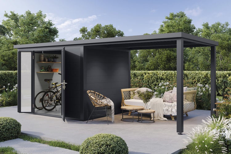 Modernes Gartenhaus mit integriertem überdachtem Sitzbereich, ideal zur Lagerung von Fahrrädern und Entspannung im Garten.