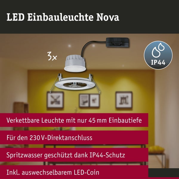 3er Set LED Einbauleuchten Nova, 230 Volt Direktanschluss, IP44 Spritzwasserschutz, 45 Millimeter Einbautiefe, inklusive auswechselbarem LED-Coin.