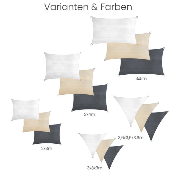 Übersicht verschiedener Sonnensegel in rechteckigen und dreieckigen Formen, Farben Weiß, Beige und Grau sowie verschiedenen Größen.