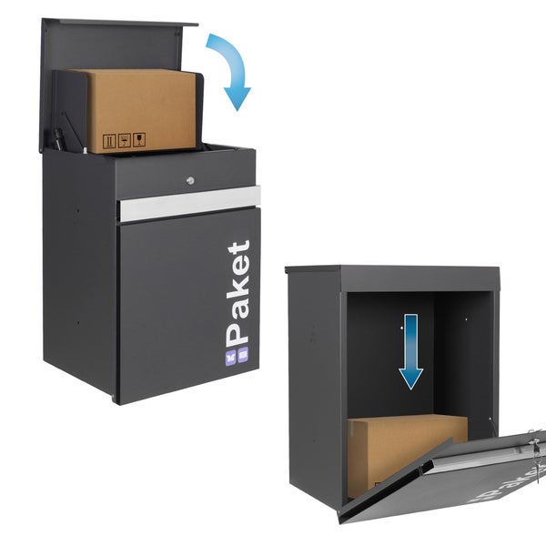 Dunkelgrauer Paketbriefkasten aus Metall zeigt das Einwerfen eines Pakets in die obere Klappe und die Lagerung im unteren Fach.
