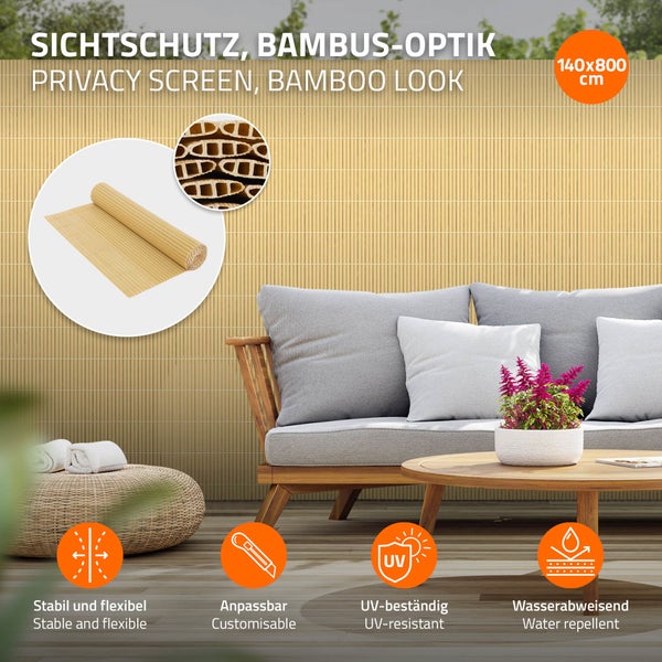 ECD Germany PVC Sichtschutzmatte 140 x 800 cm (2x 4m), Bambus, Sichtschutzzaun 3-Gewicht-Verstärkung, UV-beständig, Windschutz Balkonverkleidung Zaunblende, Sichtschutz für Garten, Balkon & Terrasse