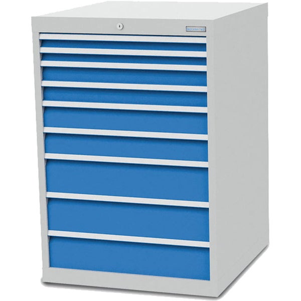 Werkstatt-Schubladenschrank aus Metall mit 9 blauen Schubladen, lichtgraues Gehäuse, Zentralverriegelung.