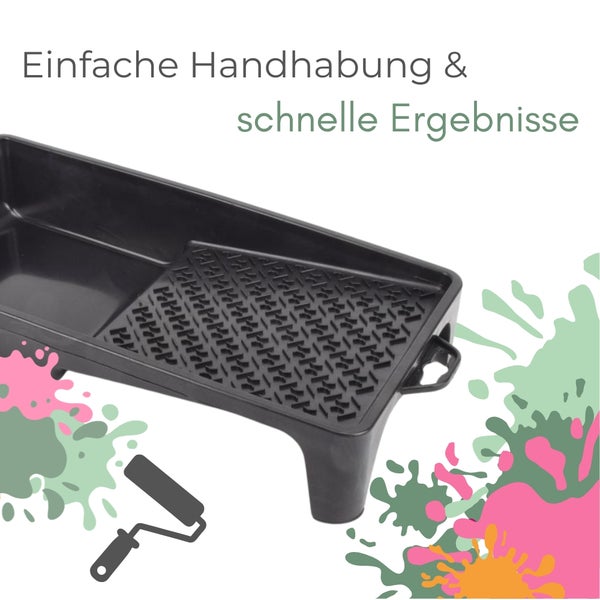 Farbwanne aus Kunststoff mit profilierter Abstreiffläche für gleichmäßigen Farbauftrag, einfache Handhabung und schnelle Ergebnisse.