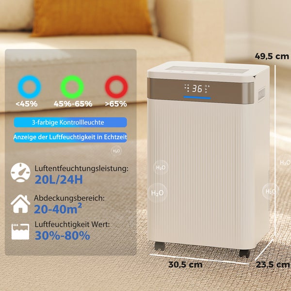 Mobiler Luftentfeuchter mit Rollen, digitalem Display, Leistung 20 Liter pro 24 Stunden, geeignet für Räume bis 40 Quadratmeter.