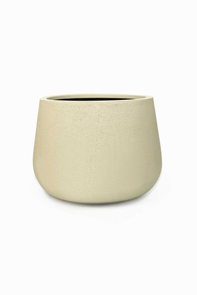 Runder Pflanztopf mit strukturierter Oberfläche in Beige.