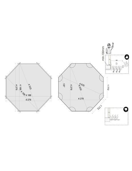 Grundrisszeichnung eines achteckigen Gartenhauses mit Maßangaben