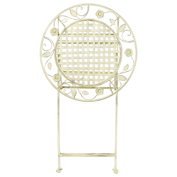 Runder, klappbarer Gartentisch aus Metall im Antik-Stil mit dekorativem Blumenrand und Geflechtmuster auf der Tischplatte.